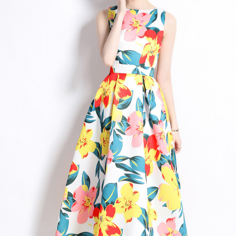 Vintage French Style Sleeveless A Line Dress Round Neck Waist Defining Floral Print Summer Casual Wear Wholesale