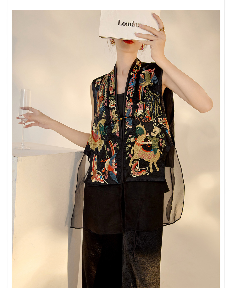 Áo vest nữ dáng gile thêu hoa cổ chữ V phối lưới — Xuân Mộ Đen (cấp ngày hôm nay), Xuân Mộ Đen (giao hàng trong 7 ngày)