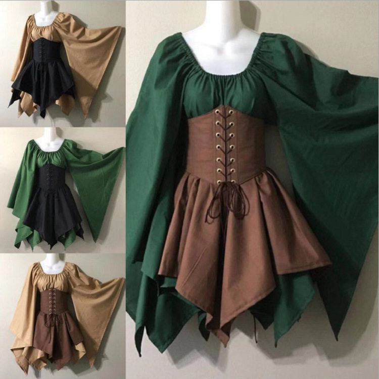 Renaissance Style Long Sleeve Dress Bell Sleeves Patchwork Design Elegant Fabric Perfect for Events and Gatherings
