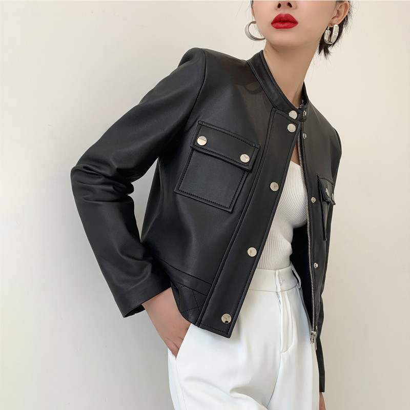 Áo Khoác Da Thật Nữ Da Cừu Ngắn Dáng Bomber Màu Đen