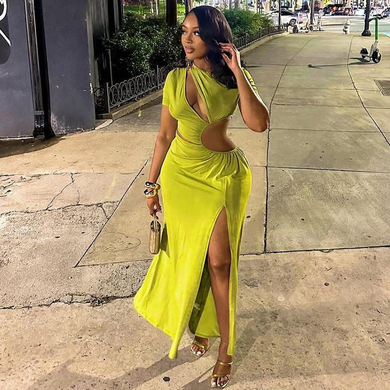 Fashionable Womens Dress Hollow Out Asymmetrical Hem Ruched Design Elegant Evening Wear Wholesale Available