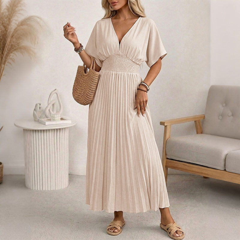 Casual Solid Color V Neck Pleated Maxi Dress Elegant Design Comfortable Fit Versatile Style Wholesale Available