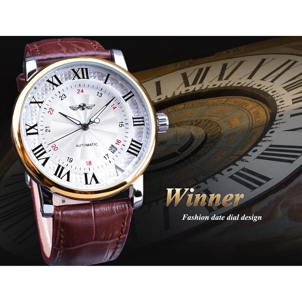 Winner Simple Fashion Men's Watch Automatic Mechanical Watch Roman Numerals Dial Business Belt Watch