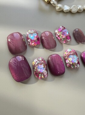 SXRQ|宽猫眼贴钻短款豆豆美甲纯手工成品穿戴甲Press on nails