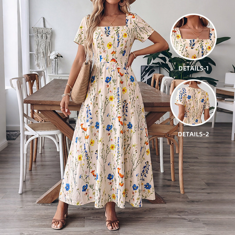Floral Print Square Neck Short Sleeve Dress French Vacation Style Summer Collection Wholesale Available