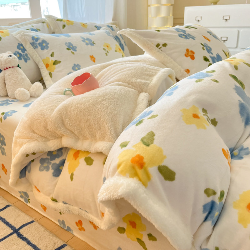 Milk Velvet Cashmere Four-Piece Winter Thickeneded Double-Sided Velvet Quilt Cover Coral Velvet Three-Piece Bed Bed Sheets Winter Fleece-Lined
