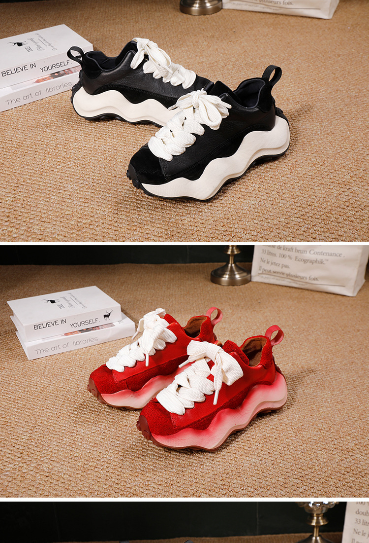 Giày sneaker nữ da bò thật cổ trung, dây buộc, đế dày — đen, màu đỏ