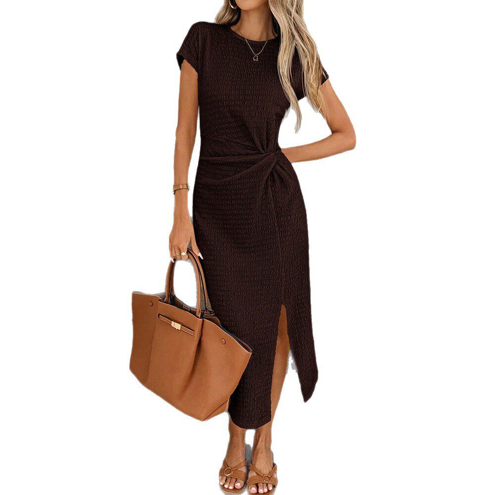 Elegant Brown Short Sleeve Midi Dress for Women Vintage Modern Style Waist Defining Side Slit Perfect for Casual