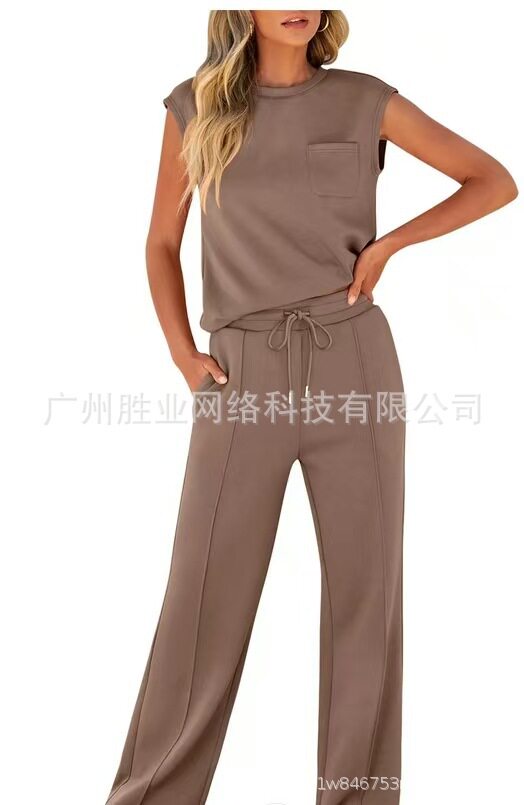 2025欧美跨境外贸秋冬季新款圆领无袖时尚休闲运动套装宽松两件套