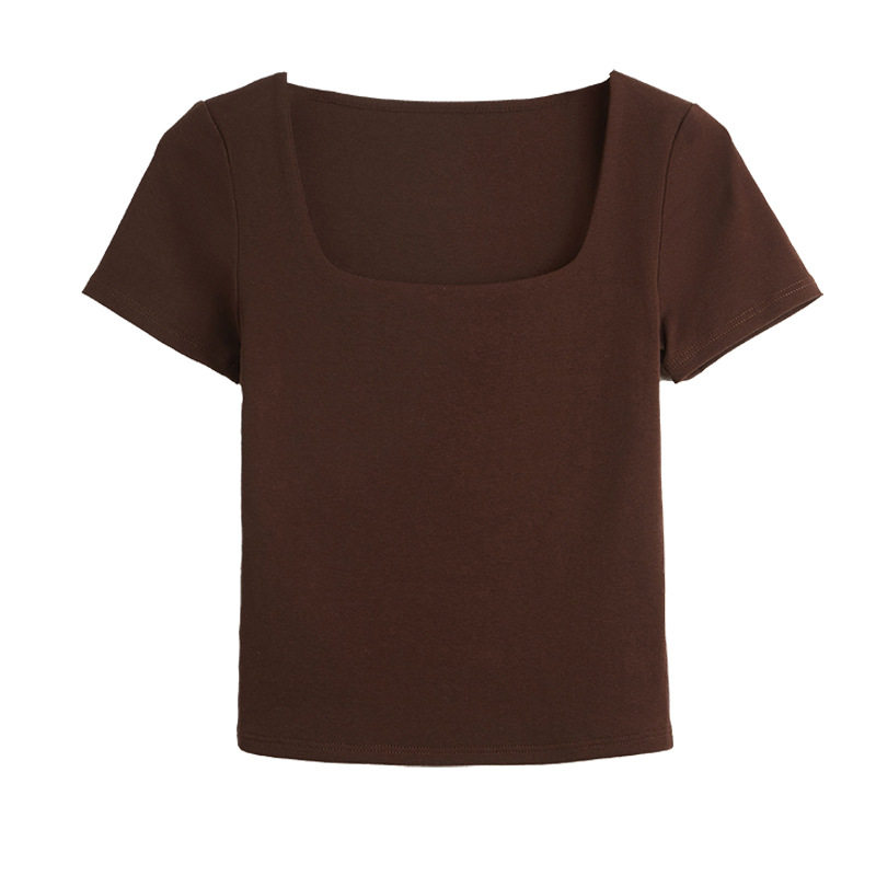 韩系纯棉方领内搭打底衫正肩短袖t恤女式辣妹时尚高级感修身上衣