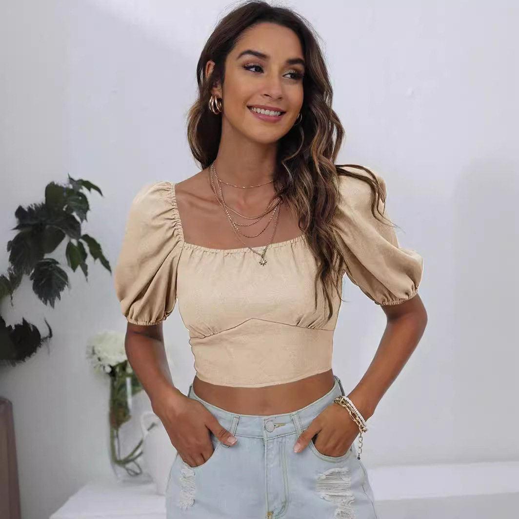 Womens Lantern Sleeve Backless Tie T Shirt Solid Color Square Neck Short Length Spring Summer Casual Wear
