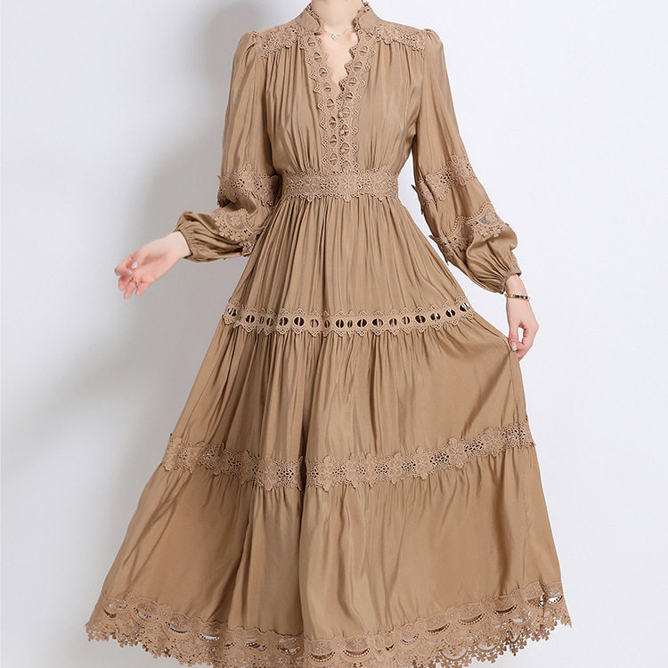 French Court Style Puff Sleeve Dress Hollow Out Lace Cross Neck Design Elegant Long Dress for Autumn Wholesale