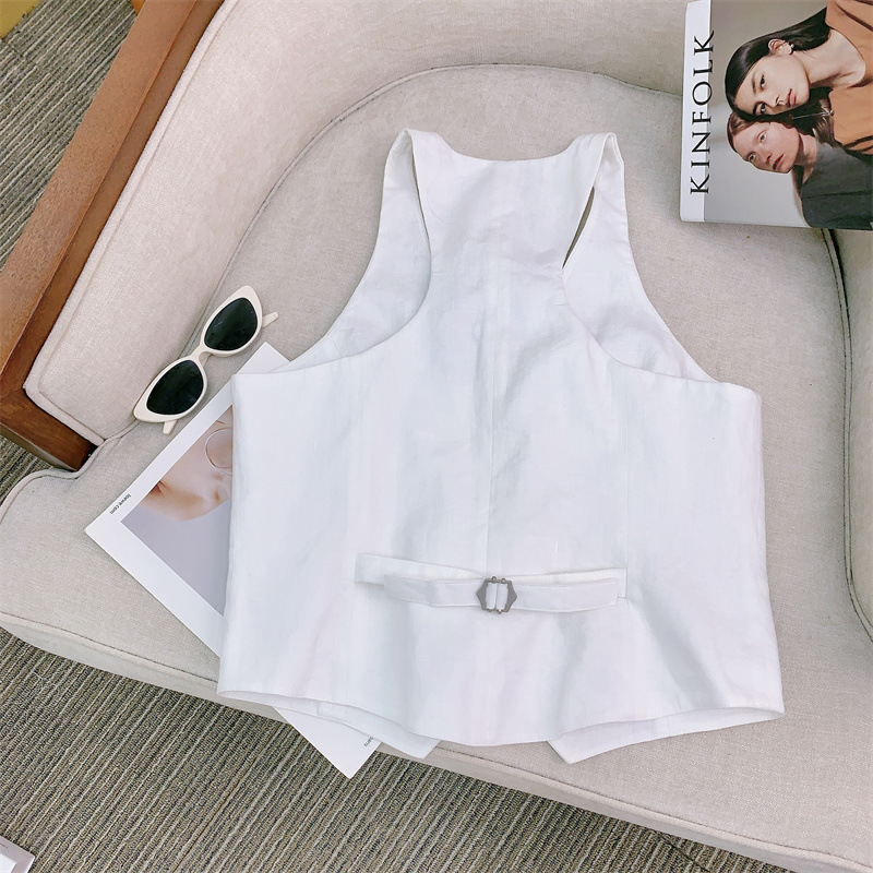Áo vest nữ vải lanh phối quần, dáng gile không tay phong cách công sở — Ma mi-vest nguyên bản, Màu nâu thuốc lá-Áo vest, Vest trắng vải lanh, Gạo thô-Quần