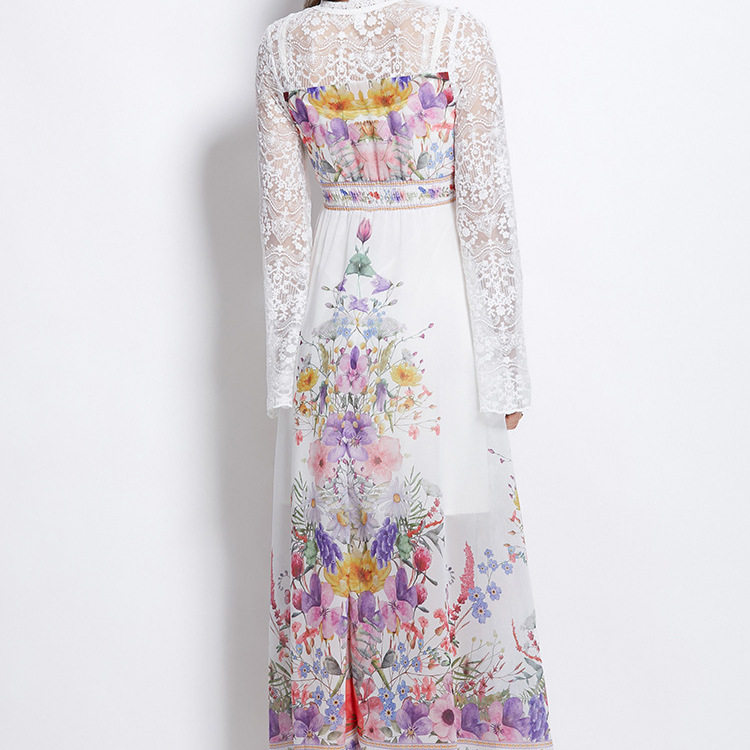 Fashionable Spring Dress for Women Elegant Deep V Neck Lace Bell Sleeves Floral Print Perfect for Vacation or Casual