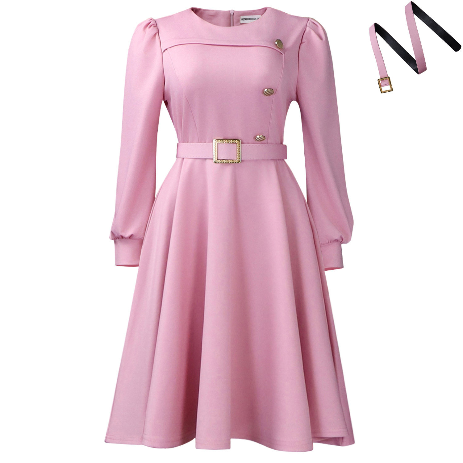 A Line Dress Long Sleeve High Waist Round Neck Solid Color Elegant Party Wear Wholesale Available