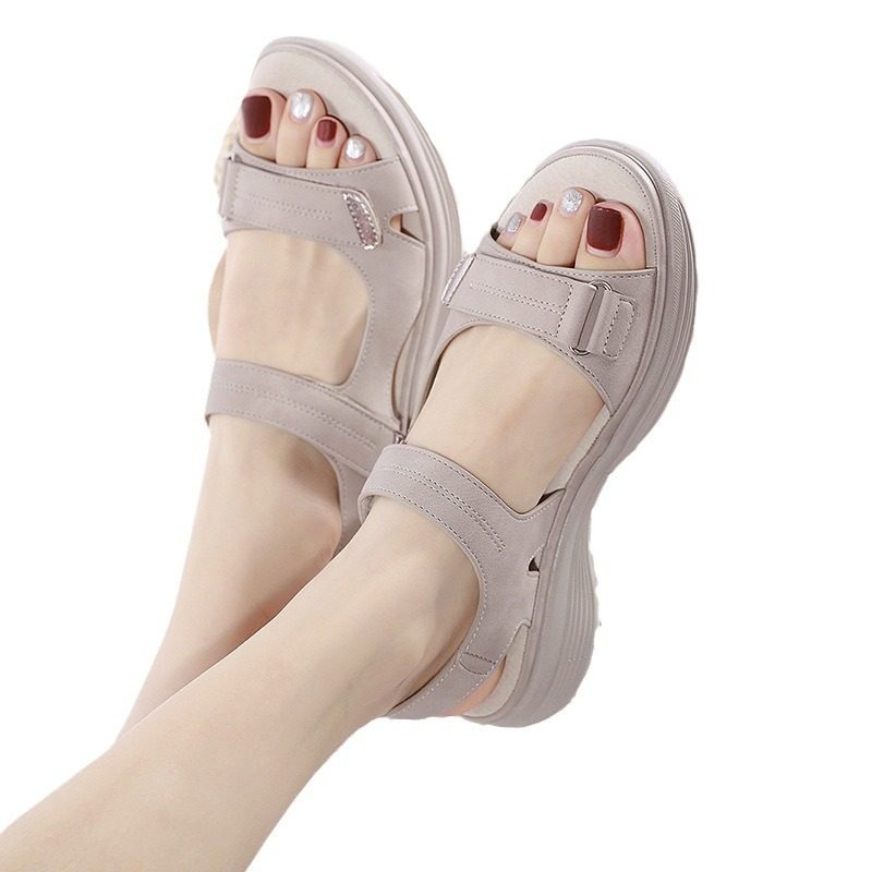 Summer 2026 New Style Genuine Leather Sandals for Women, Sporty Wedge Heels, Lightweight Velcro Large Size Slippers for Women, One-Piece Drop Shipping