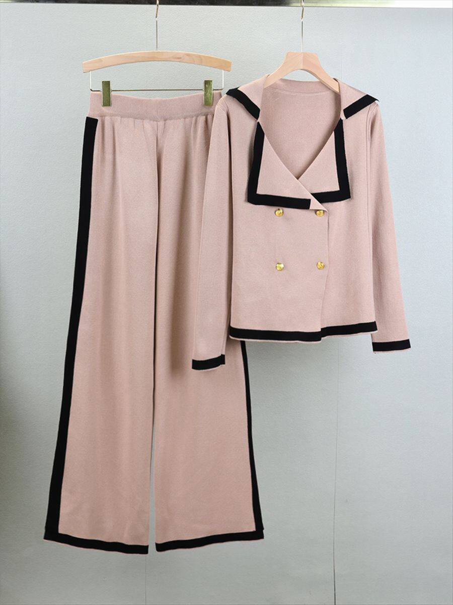 Autumn New Style Chanel Style Elegant Long-sleeved Knitted Laps Cardigan suit Women's Slim-fit Slimming Wide-leg Pants Two-piece Set