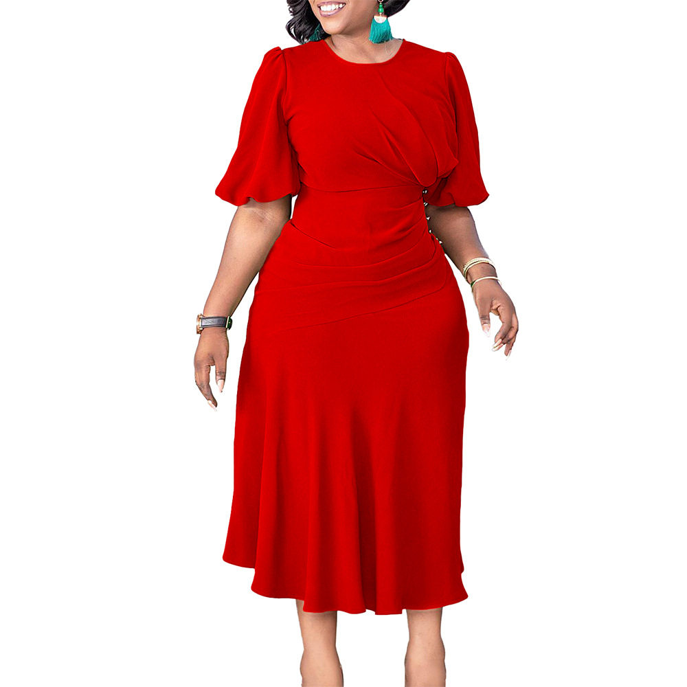 Plus Size African Dress Solid Color Round Neck Puff Sleeves Slim Fit Casual or Formal Wear OEM Available