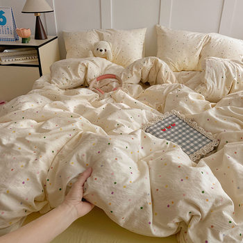 Class a Maternal and Infant-Grade Washed Cotton Four-Piece Set, Ins-Style Fresh and Simple, Suitable for Sleeping Naked, Includes Bed Sheet, Duvet Cover, Fitted Sheet, Student-Style Three-Piece Set