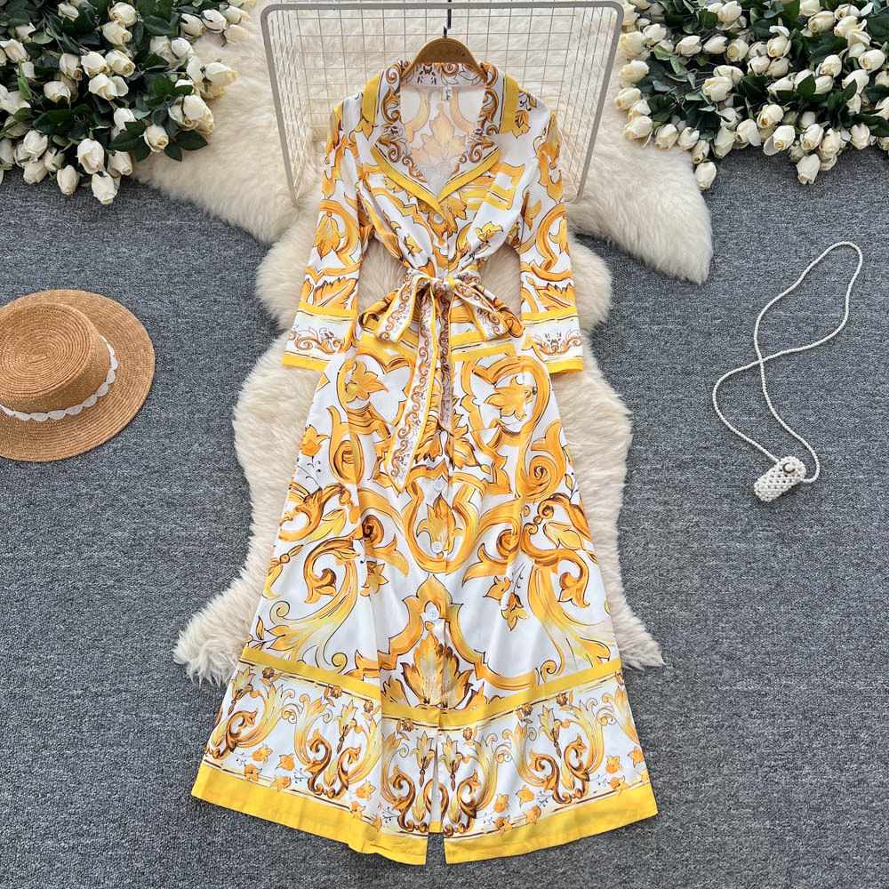 Vintage Inspired Floral Print Dress Long Sleeve Waist Tie Elegant Style Perfect for Formal Occasions Wholesale