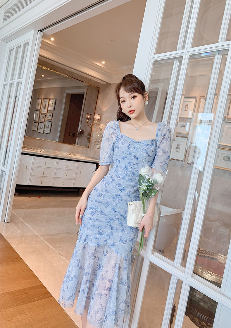 Đầm maxi nữ thắt eo cổ vuông họa tiết hoa tay bồng — [Xanh nhạt] chi tiết 11