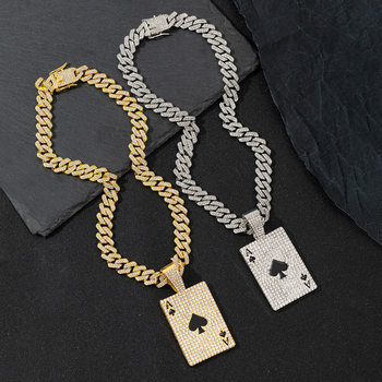 European and American Cross-Border Exaggerated Alloy Full Diamond Black Ace Pendant Cuban Chain Hip-Hop Stylish Gold-Plated High-End Necklace