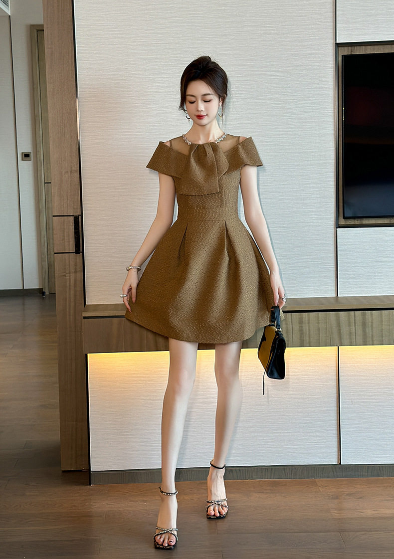 Đầm suông nữ midi cổ tròn tay ngắn A-line cao eo — [Màu cà phê] chi tiết 11