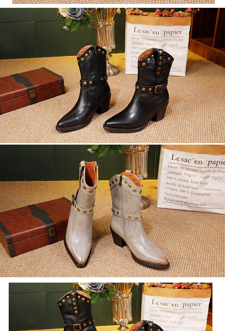 Boot nữ da bò thật cổ trung, mũi nhọn gót vừa phong cách cao bồi — màu đen, màu xám