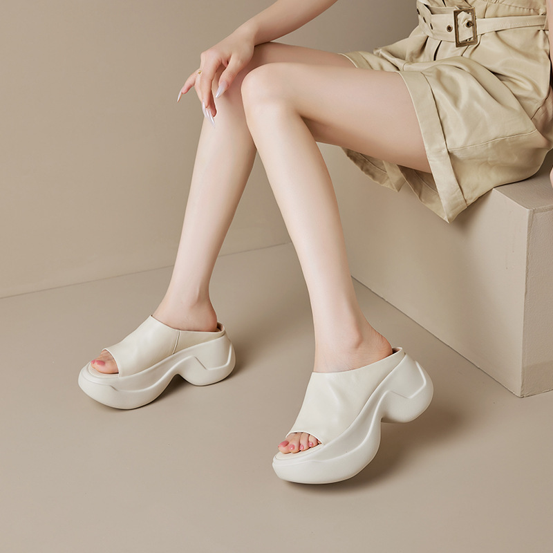 Dép sandal nữ quai ngang đế dày tăng chiều cao 8cm — Màu đen, Màu trắng be