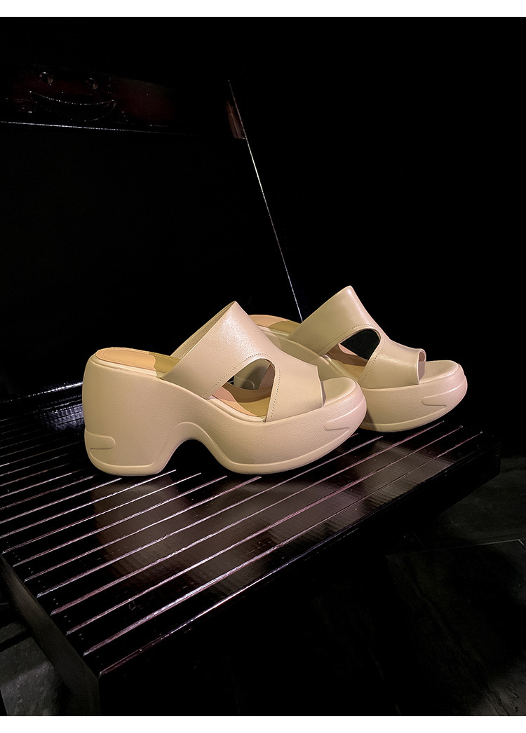Dép sandal nữ quai ngang đế dày tăng chiều cao 10cm bằng da bò thật — Màu be, Màu trắng ngà