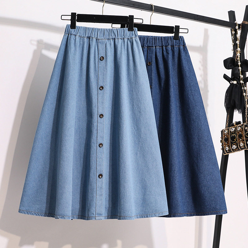 Summer Denim Skirt Button Front Elastic Waist Water Blue Casual Street Style for Students Wholesale Available