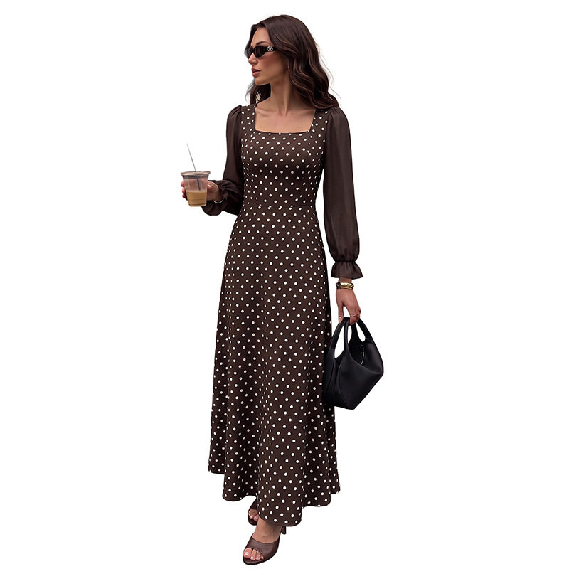 French Style Polka Dot Long Sleeve Dress Elegant Square Neck Chic Patchwork Design Perfect for Spring and Summer Events