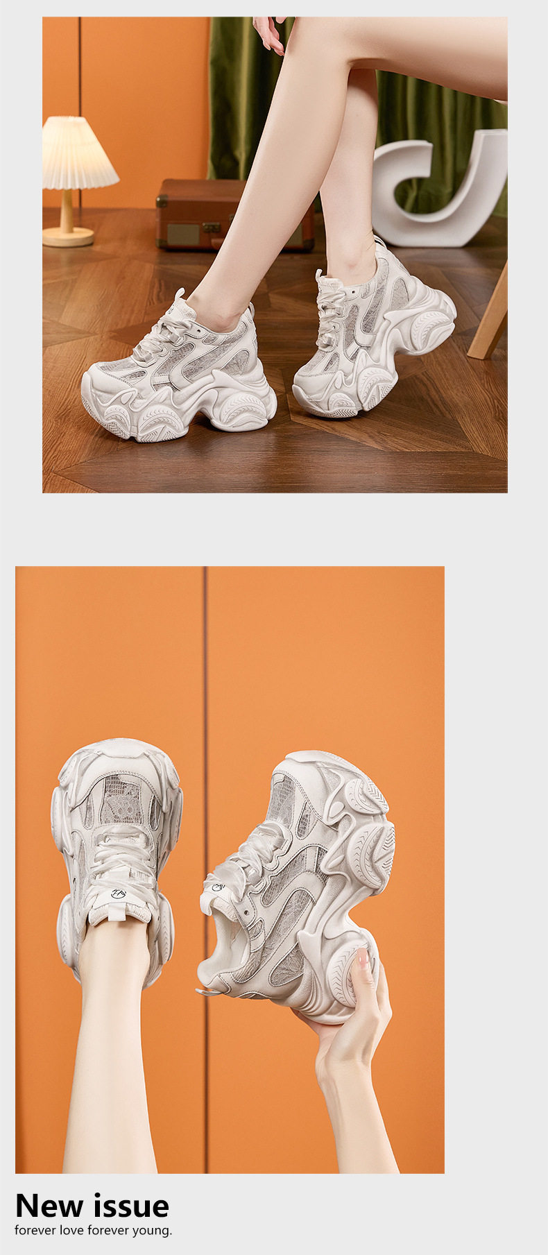 Giày sneaker nữ chunky đế dày phối màu cổ điển, đế cao 8 cm — Xanh lá, Đỏ, Xám chi tiết 13