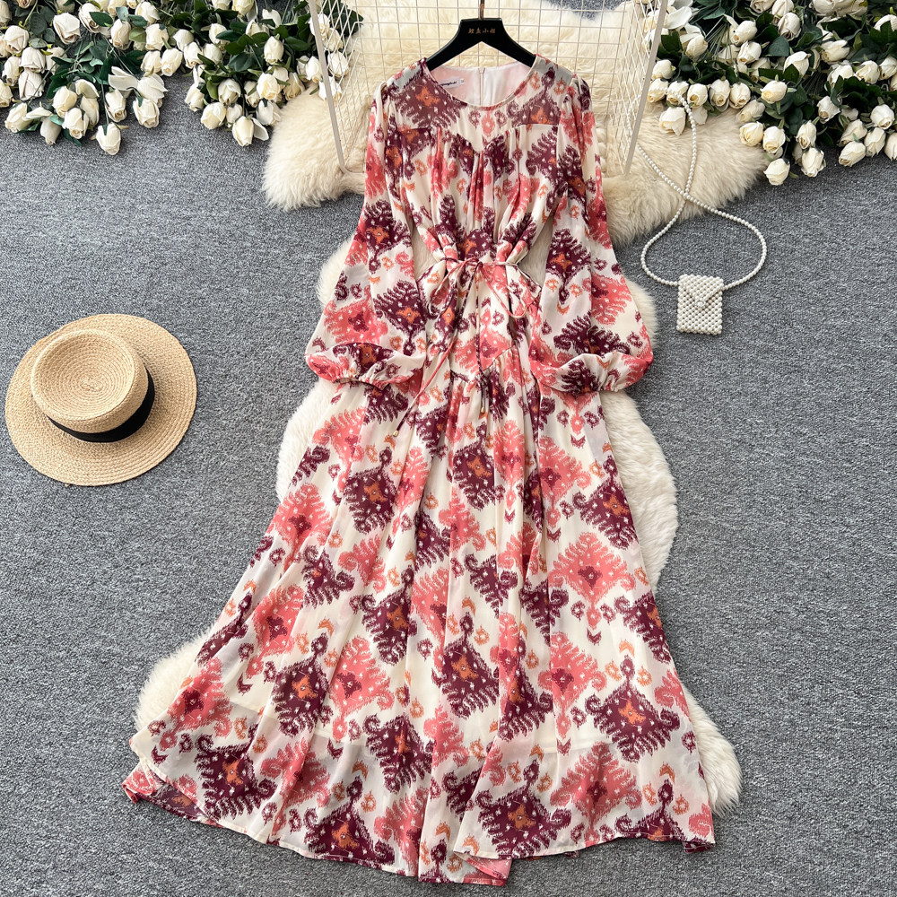 French Romantic Floral Print Dress Waist Defining A Line Silhouette Pleated Long Length Spring Fall Office Wear