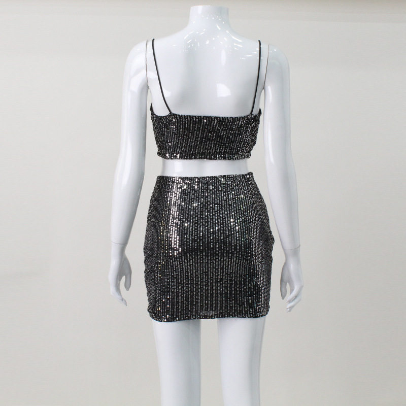 Sequined Crop Top and Skirt Set Strapless Bodycon Fit Sexy Style Perfect for Parties and Night Out Wholesale