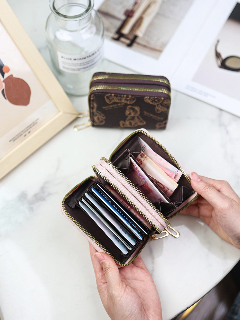 New Korean Style Bear Print Accordion Card Holder Double-Layer Zipper Multi-Functional Card Holder Simple and Fashionable Large-Capacity Wallet