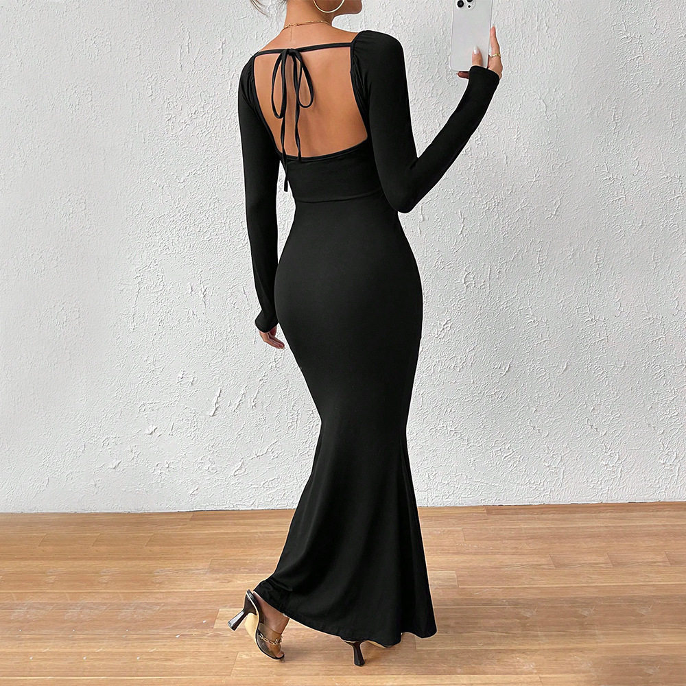 Elegant Long Sleeve Bodycon Dress with Deep U Neck and Front Tie Sexy Slim Fit Chic Style for Evening Events