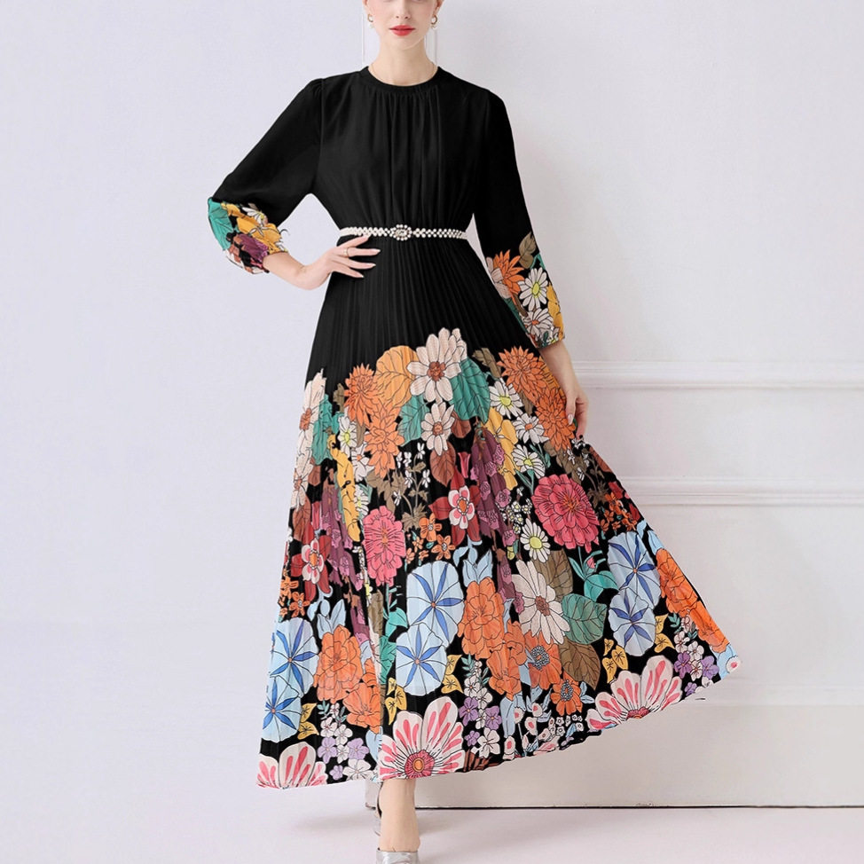 Elegant French Style Womens Dress High End Aesthetic Waist Tie Design Fashionable Floral Print Pleated Long Skirt
