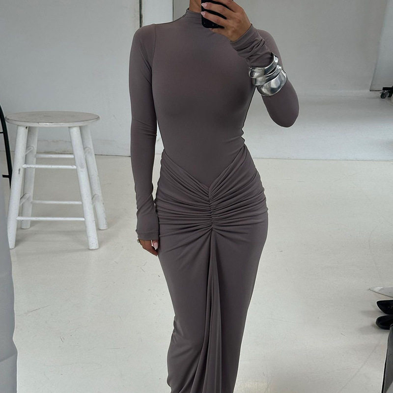 Elegant Solid Color Long Dress Slimming Fit Ruffled Design Perfect for Fall Winter Wholesale Available