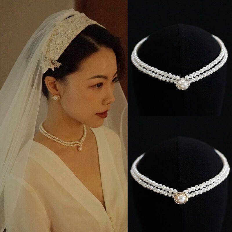 French Retro Elegant Pearl Necklace Stud Earrings Set Bridal Wedding Accessories Double Clavicle Chain Necklace Chain