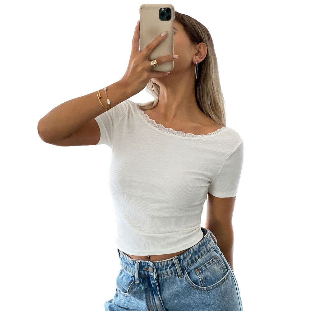 White Lace Backless Short Sleeve T Shirt Slim Fit Short Length Summer Style Womens Casual Top Wholesale Available