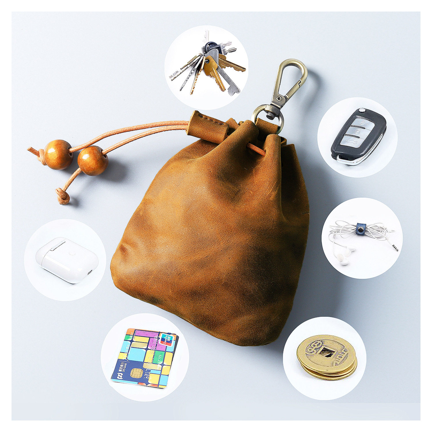 Cross-Border Handmade Genuine Leather Coin Purse Cowhide Simple Women's Key Bag Multi-Functional Crazy Horse Leather Waist Bag Men's Small Hanging Bag