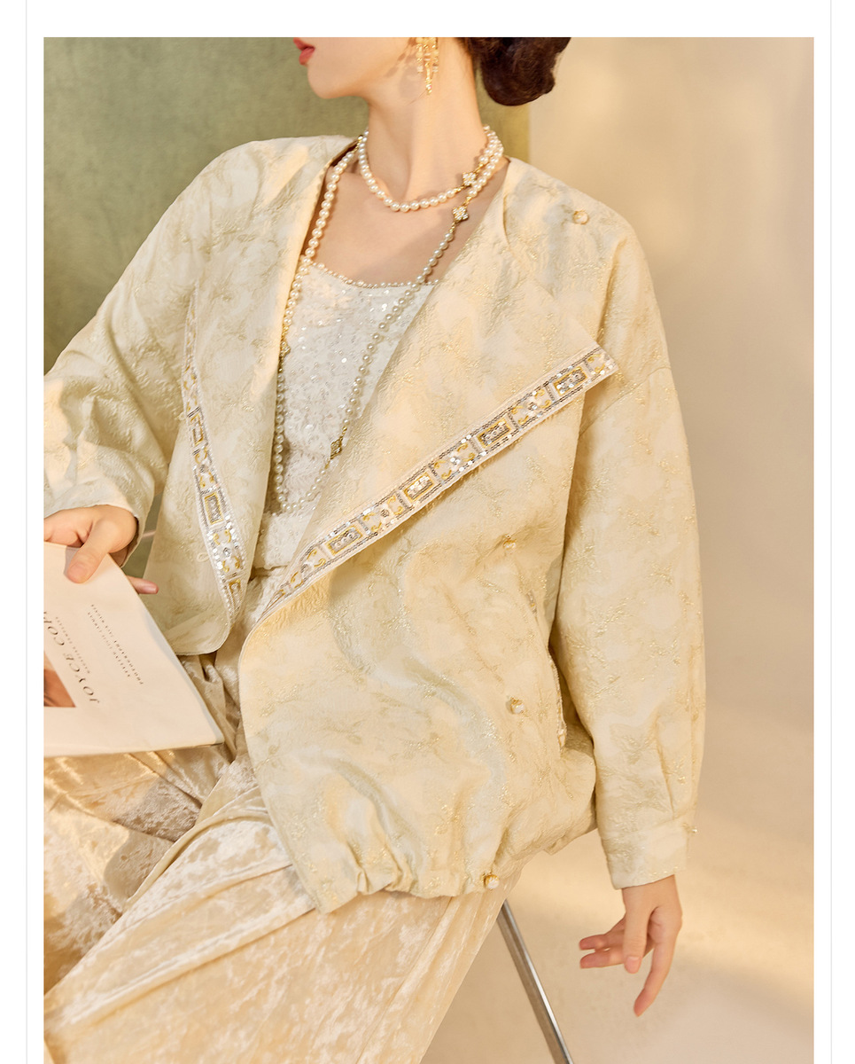 Áo khoác cardigan dệt kim thêu họa tiết hình học dáng ngắn tay dài — Màu trắng nhạt, Màu xanh hải quân