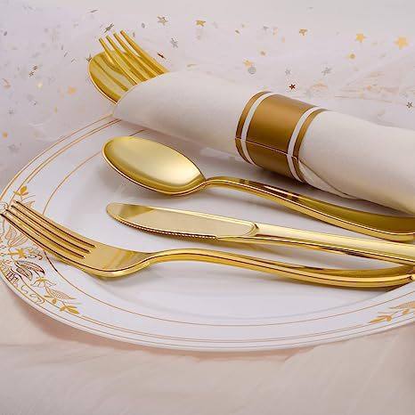 Cross-border Disposable Four-piece Plastic Golden Knife and Fork Spoon Napkin suit Wedding Party Catering Decorative Tableware