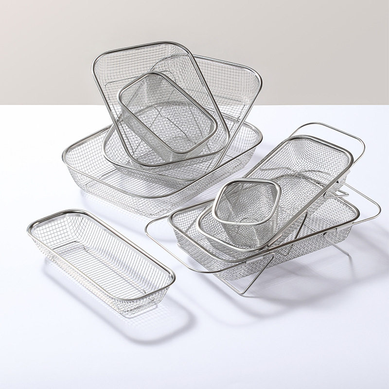 Stainless Steel Draining Basket Kitchen Fruit and Vegetable Mesh Basket Rectangular Vegetable Washing Basket Fruit Basket Drying Leakage Basin Sieve Basket