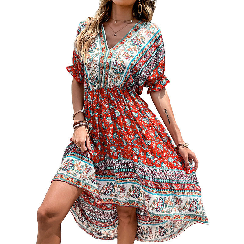 Summer Ethnic Print Irregular Dress Slim Fit Bohemian Style Vacation Wear Wholesale Available