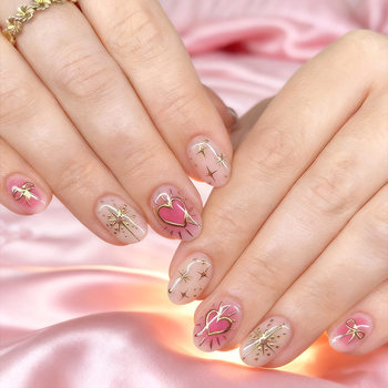 Short Oval Three-Dimensional Valentine's Day Press-On Nails, Gradient Pink and Gold, Gold-Plated Heart, Sweet 32 Fake Nails, Nail Tips