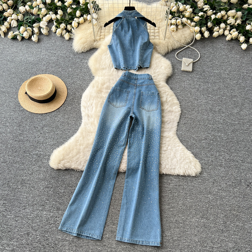 Sleeveless Denim Jumpsuit Set for Women Slim Fit High Waist Halter Neck Summer Casual Wear Wholesale Available