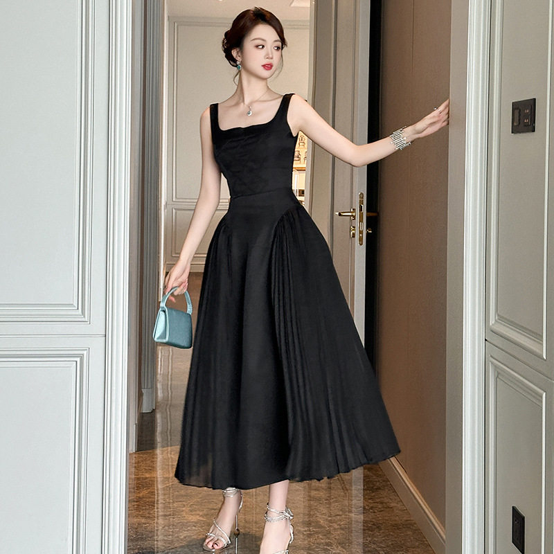 Đầm ôm body nữ dáng dài cổ vuông xếp ly phong cách Pháp — [Đen] chi tiết 1