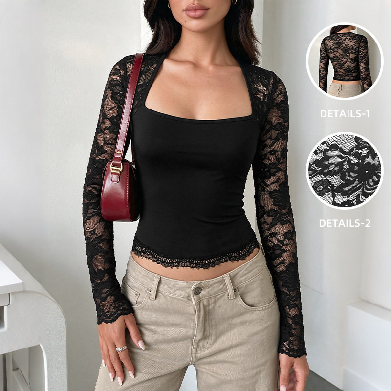 Lace Crop Top Black Long Sleeve Square Neck Sexy Style for Women Wholesale Available low MOQ